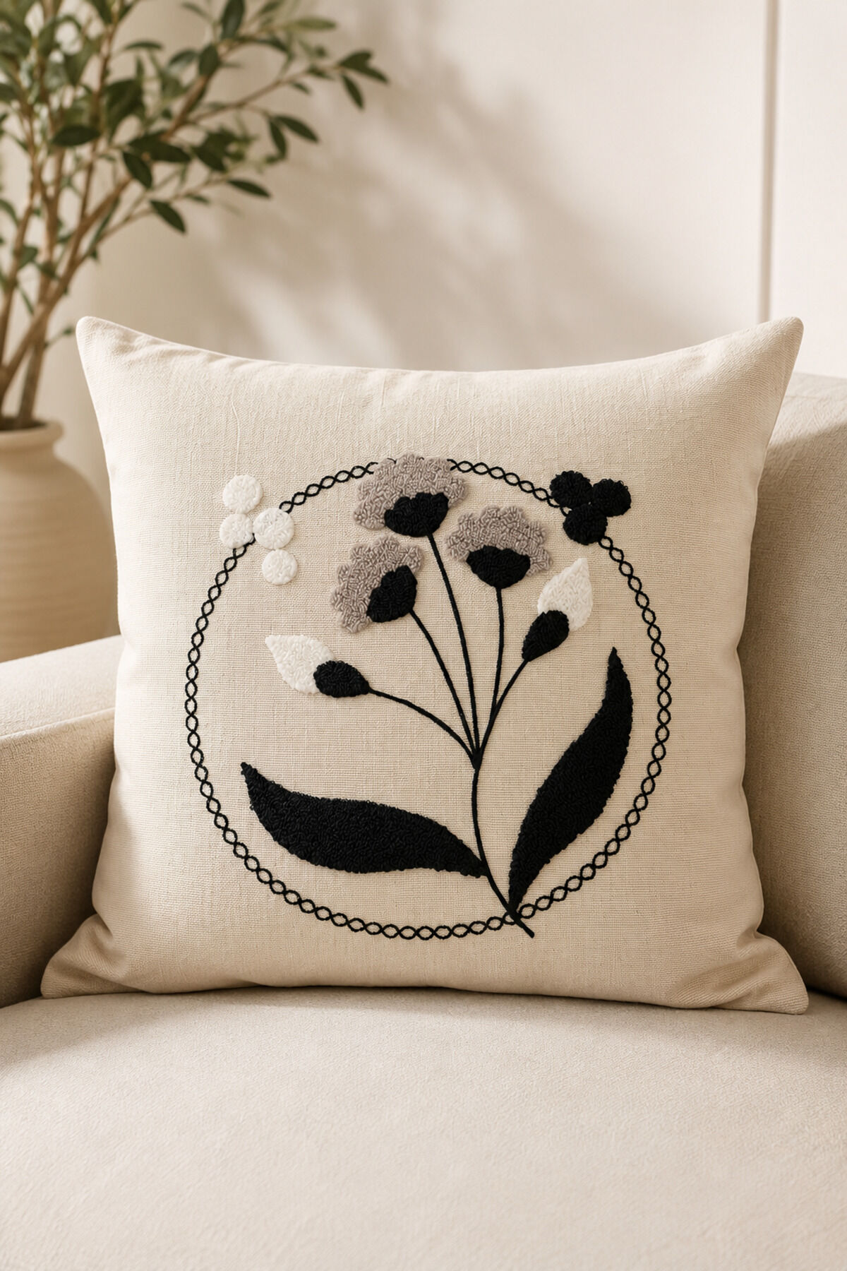 Dekoratif Punch Kırlent Kılıfı Keten Kumaş Gizli Fermuarlı 43x43 Ekru1
