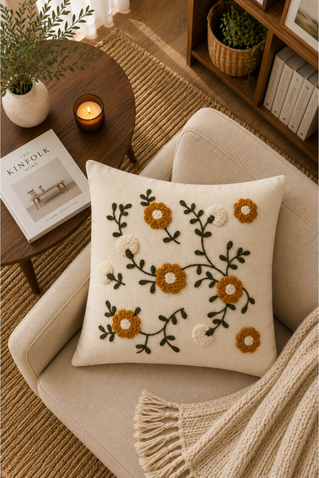 Dekoratif Punch Kırlent Kılıfı Keten Kumaş Gizli Fermuarlı 43x43 Ekru20