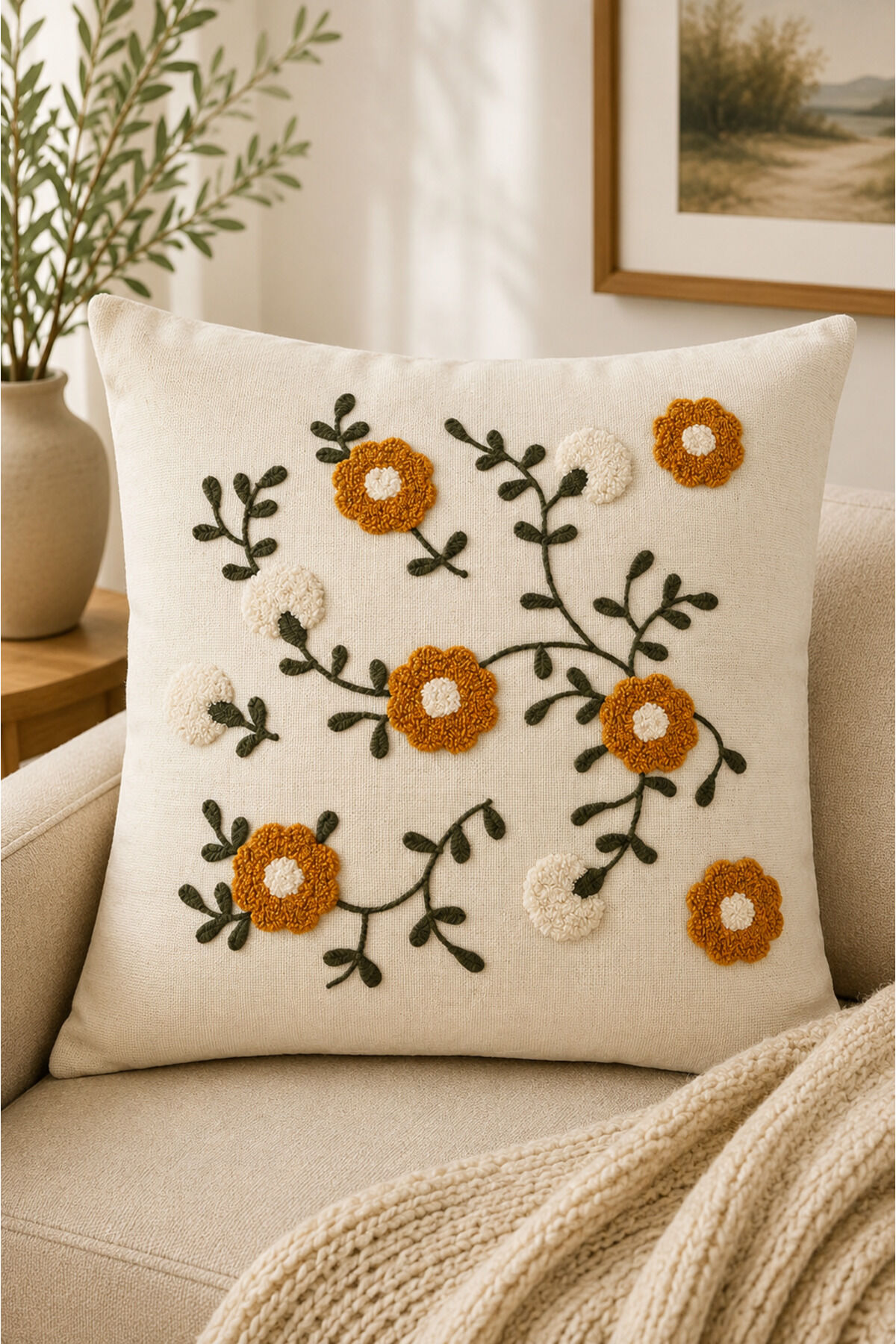 Dekoratif Punch Kırlent Kılıfı Keten Kumaş Gizli Fermuarlı 43x43 Ekru20