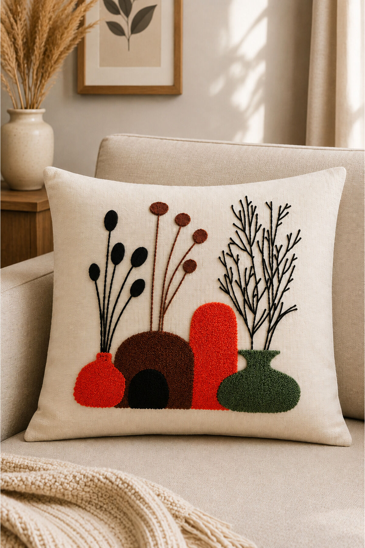 Dekoratif Punch Kırlent Kılıfı Keten Kumaş Gizli Fermuarlı 43x43 Ekru14