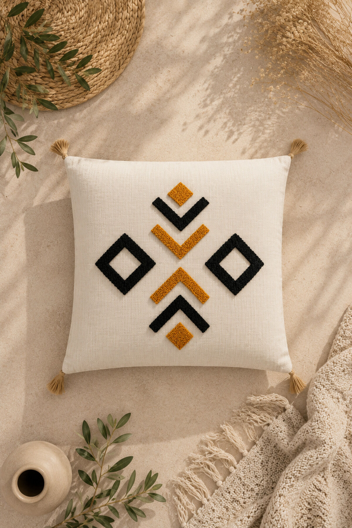 Dekoratif Punch Kırlent Kılıfı Keten Kumaş Gizli Fermuarlı 43x43 Ekru22
