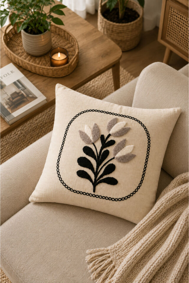 Dekoratif Punch Kırlent Kılıfı Keten Kumaş Gizli Fermuarlı 43x43 Ekru2