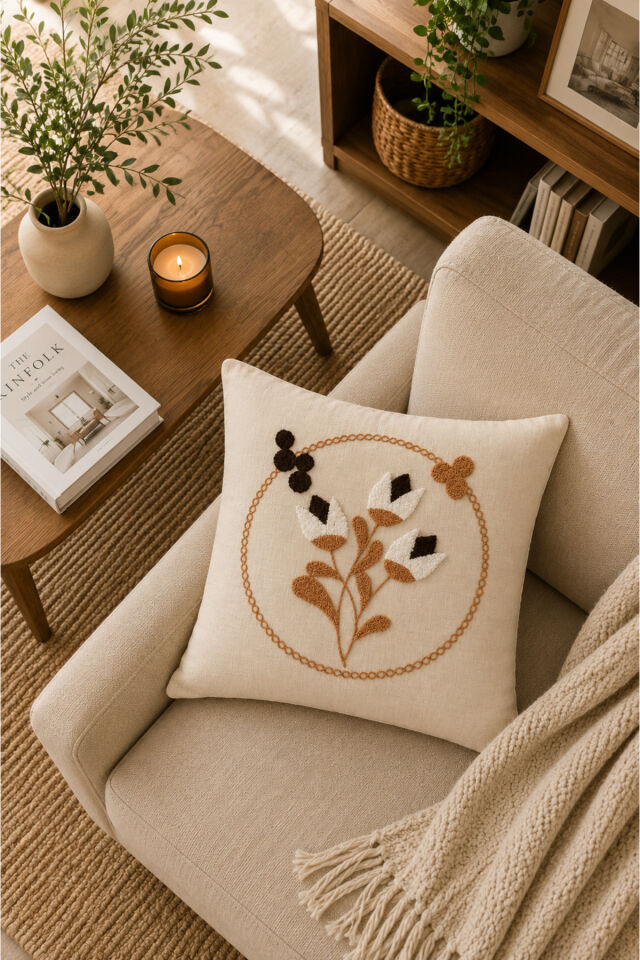 Dekoratif Punch Kırlent Kılıfı Keten Kumaş Gizli Fermuarlı 43x43 Ekru7