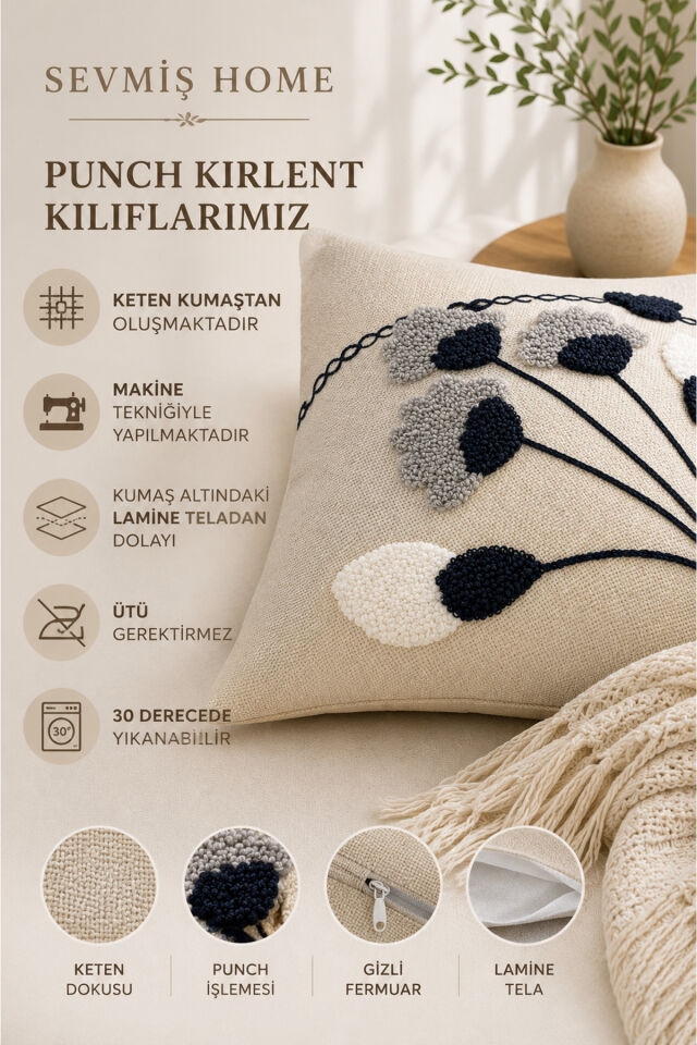 Dekoratif Punch Kırlent Kılıfı Keten Kumaş Gizli Fermuarlı 43x43 Ekru3