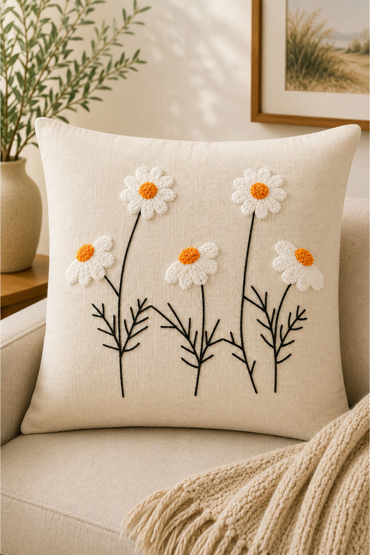 Dekoratif Punch Kırlent Kılıfı Keten Kumaş Gizli Fermuarlı 43x43 Ekru18