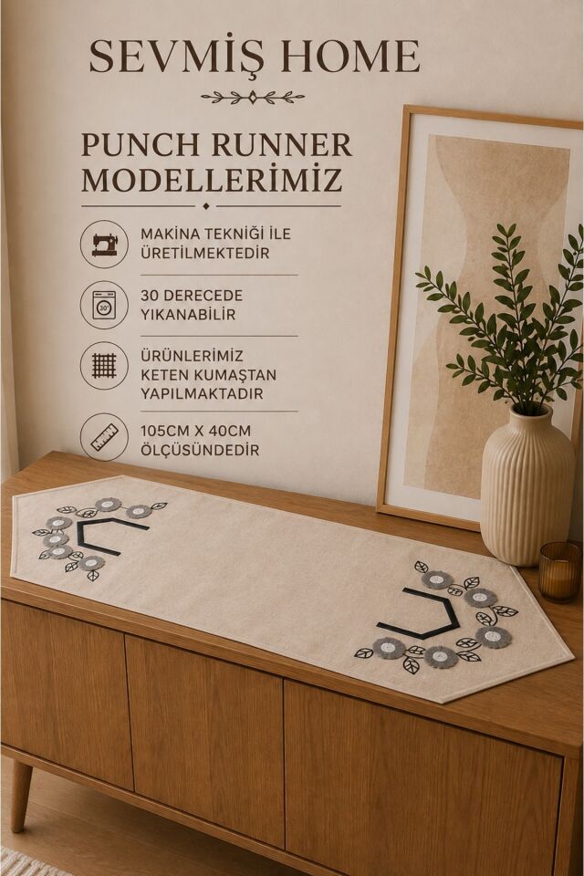 Modern Punch Runner – Şık Desenli Dekoratif Masa Örtüsü Bej3