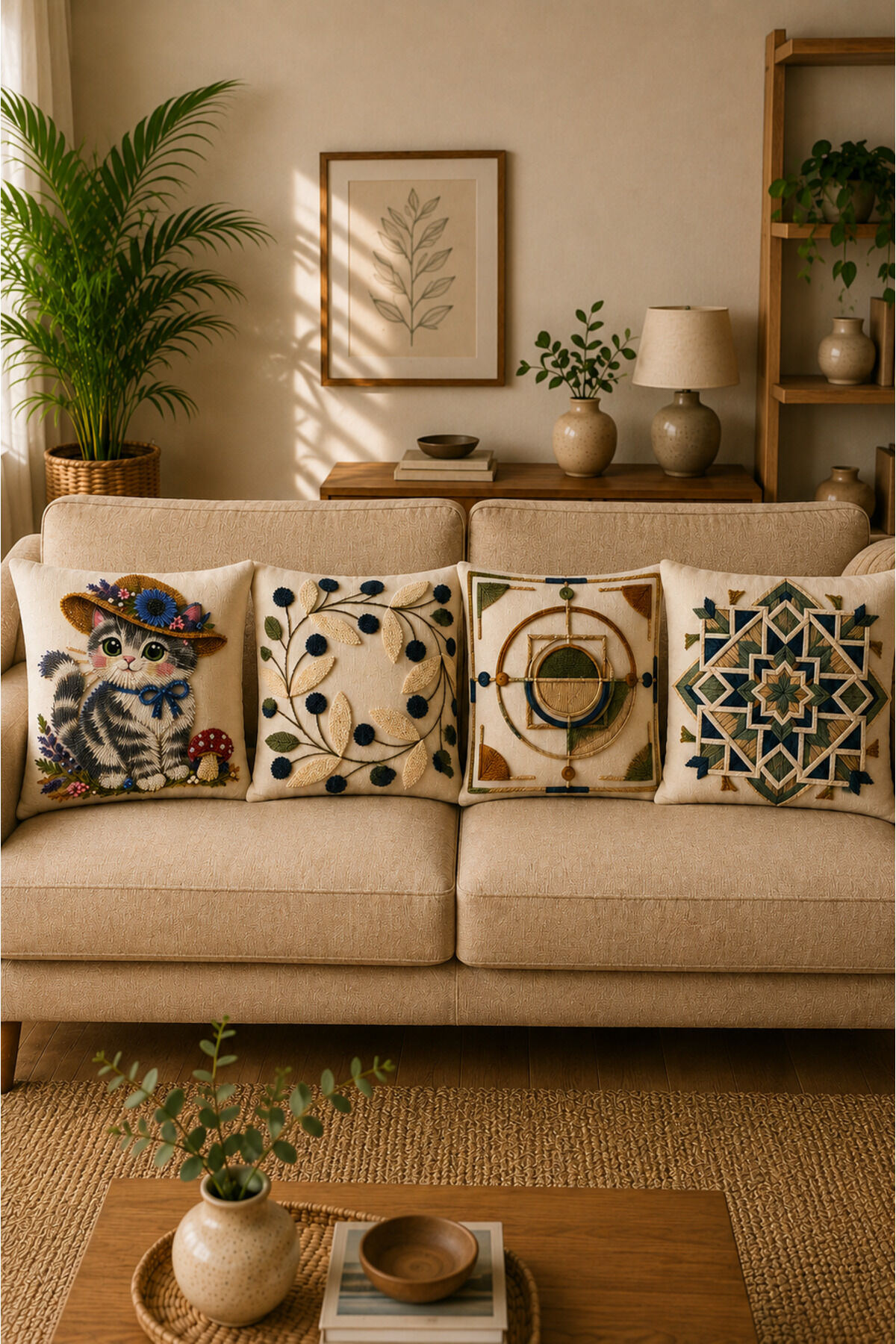 4 Adet Dijital Baskılı Kırlent Kılıfı 43x43 cm – Renkli Modern Dekoratif Yastık Kılıfı Seti Bej2