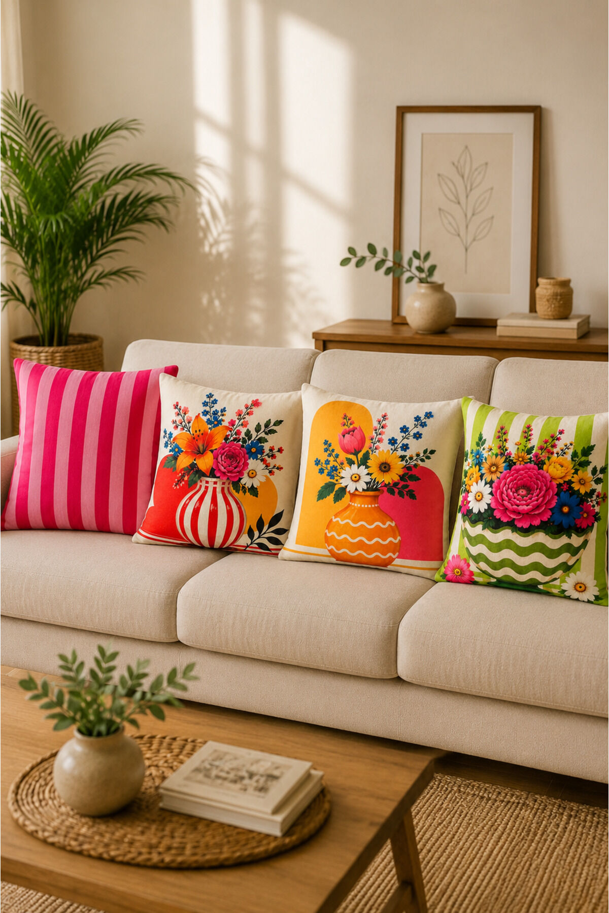 4 Adet Dijital Baskılı Kırlent Kılıfı 43x43 cm – Renkli Modern Dekoratif Yastık Kılıfı Seti Bej4