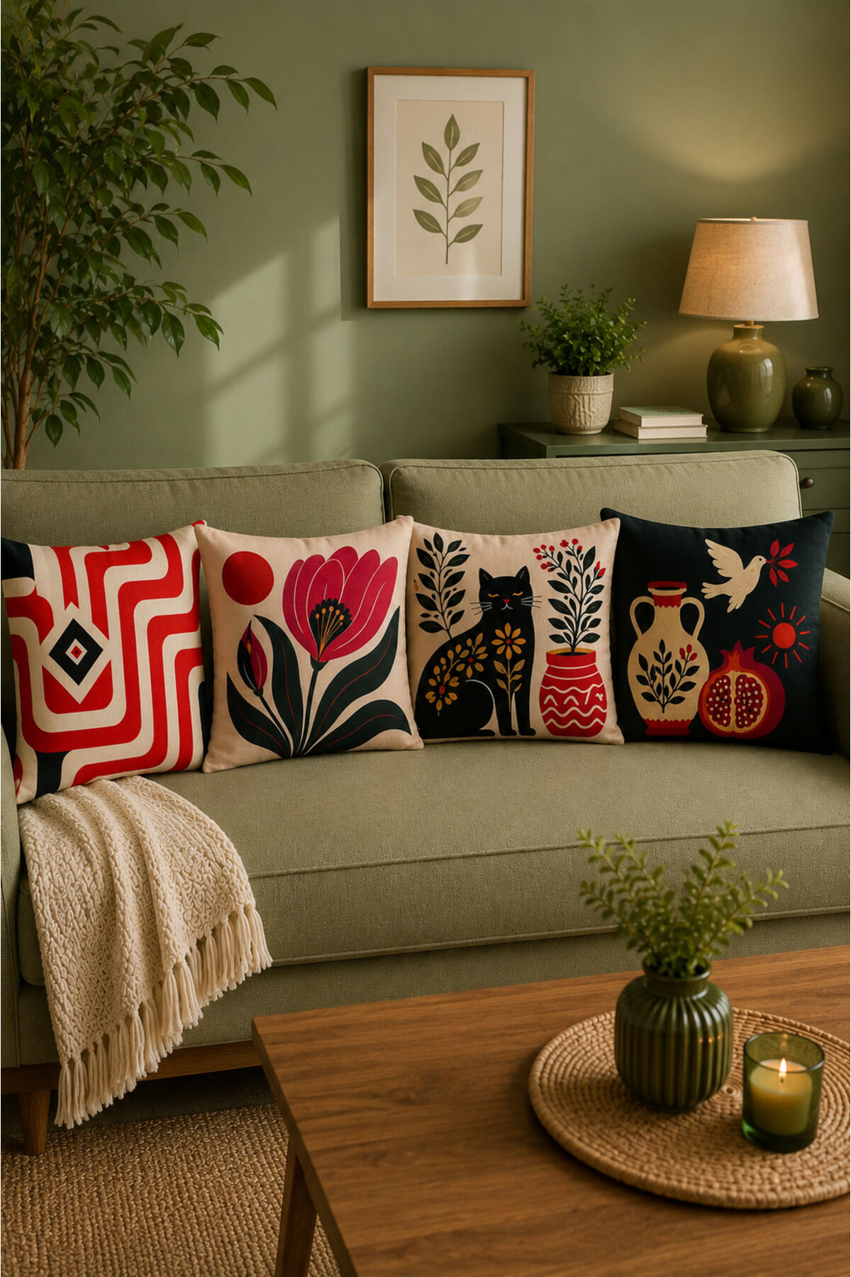 4 Adet Dijital Baskılı Kırlent Kılıfı 43x43 cm – Renkli Modern Dekoratif Yastık Kılıfı Seti Bej7