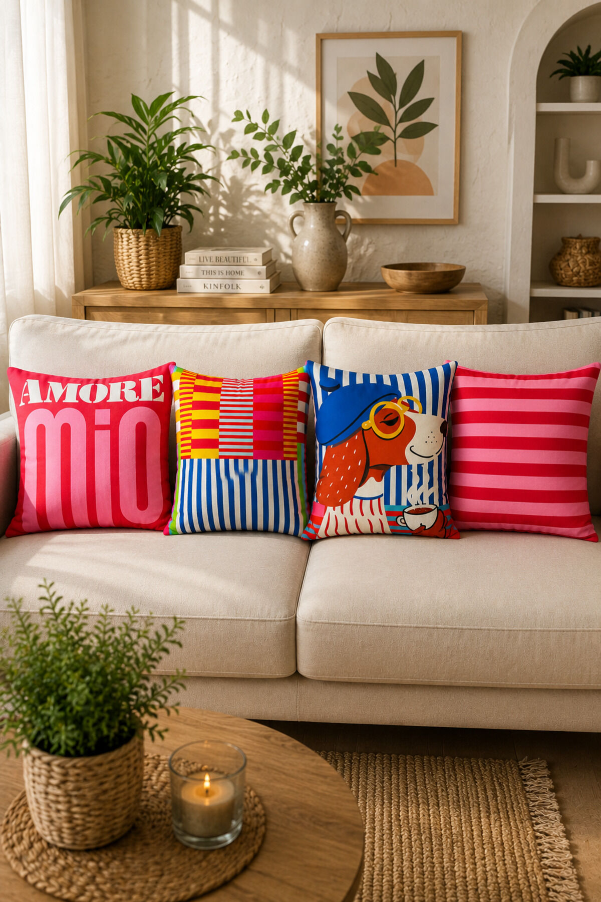 4 Adet Dijital Baskılı Kırlent Kılıfı 43x43 cm – Renkli Modern Dekoratif Yastık Kılıfı Seti Bej1