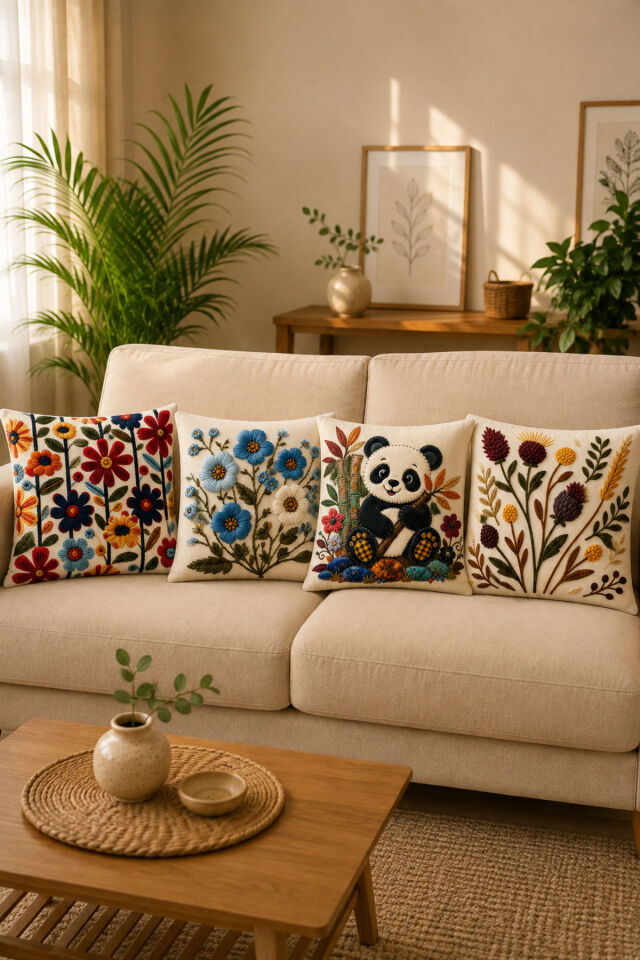4 Adet Dijital Baskılı Kırlent Kılıfı 43x43 cm – Renkli Modern Dekoratif Yastık Kılıfı Seti Bej3