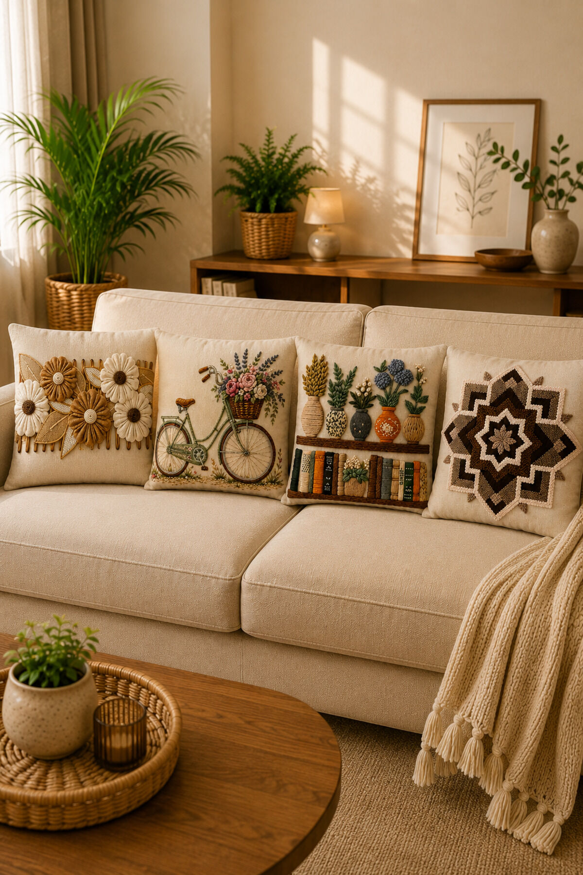 4 Adet Dijital Baskılı Kırlent Kılıfı 43x43 cm – Renkli Modern Dekoratif Yastık Kılıfı Seti Bej5