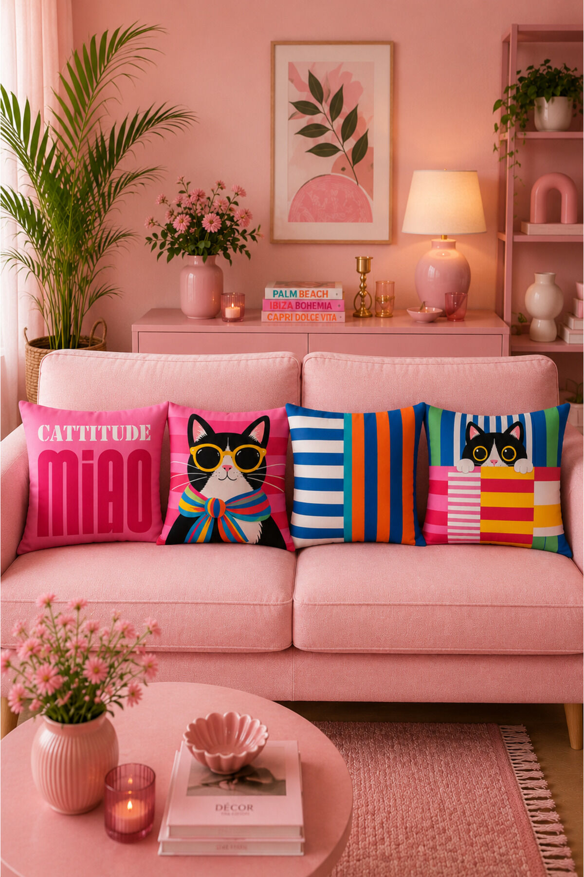 4 Adet Dijital Baskılı Kırlent Kılıfı 43x43 cm – Renkli Modern Dekoratif Yastık Kılıfı Seti Bej6
