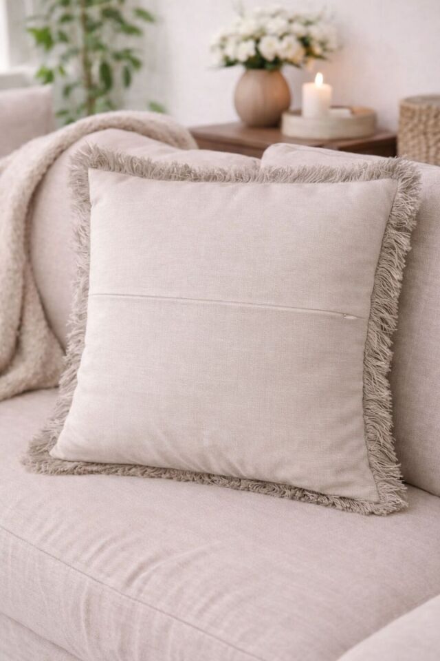 Punch Nakışlı Saçaklı Kırlent Kılıfı 43x43 Gizli Fermuarlı