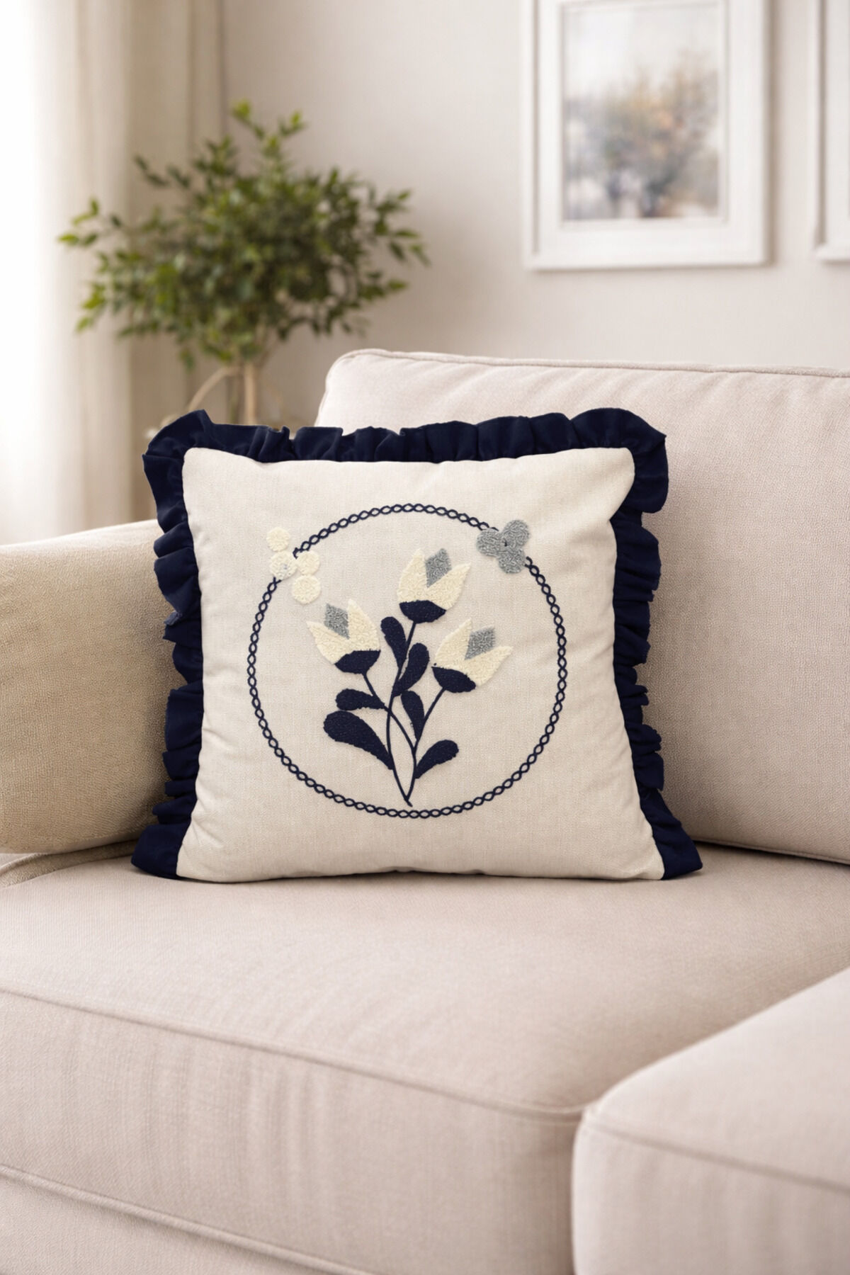 Büzgülü Punch Nakışlı Kırlent Kılıfı Gizli Fermuar 43 x 43