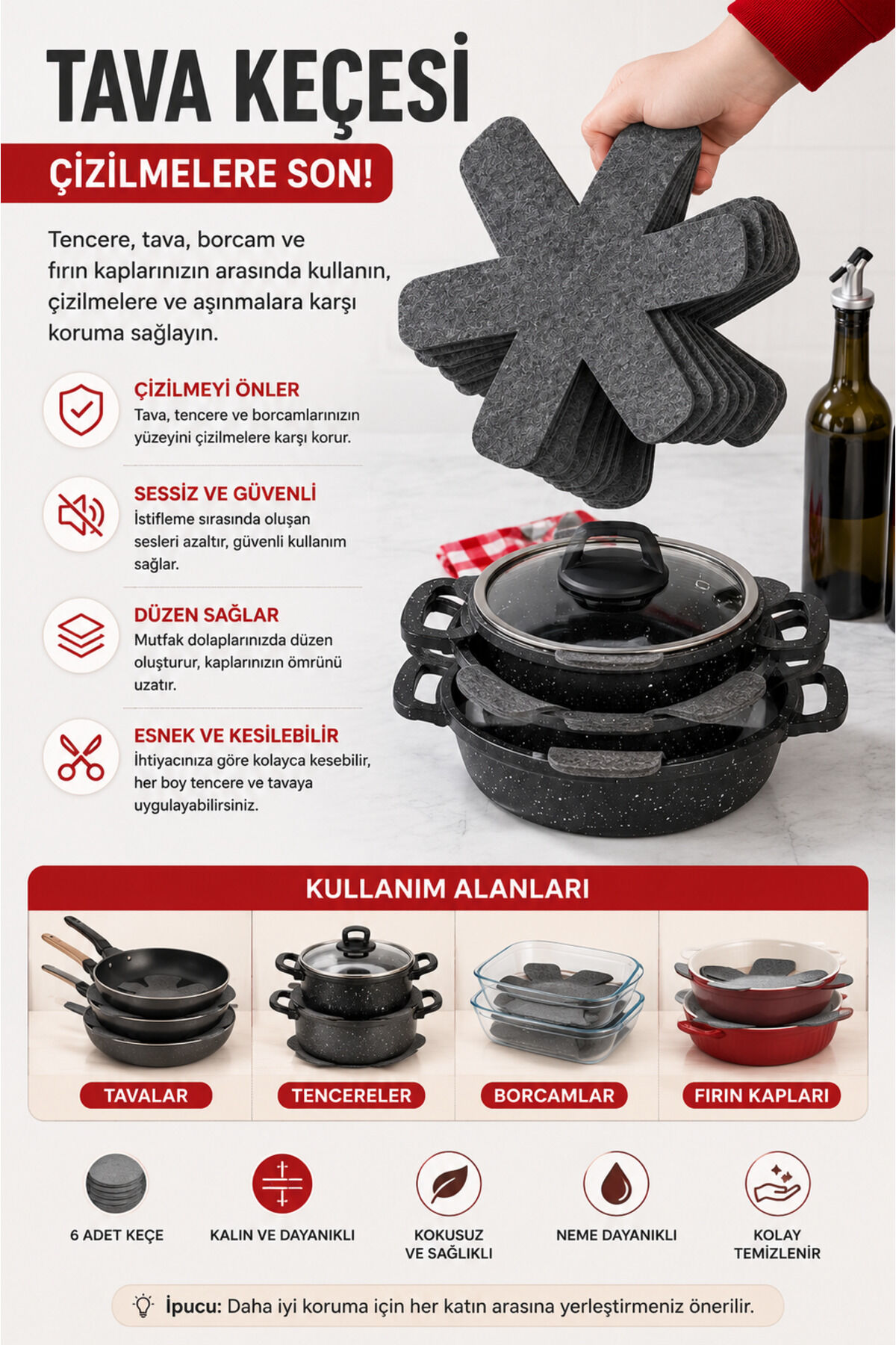Premium Kalın Keçe Tava Koruyucu 6 Adet | Tencere, Borcam ve Tava Çizik Önleyici