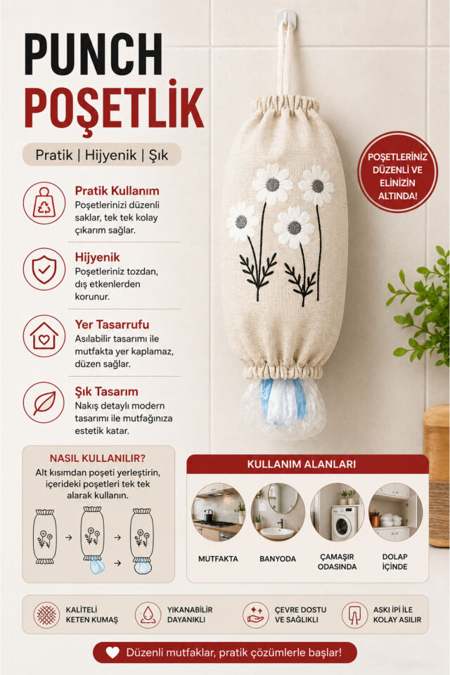 Poşetlik Punch Nakışlı Keten Askılı Mutfak Poşet Düzenleyici Organizer