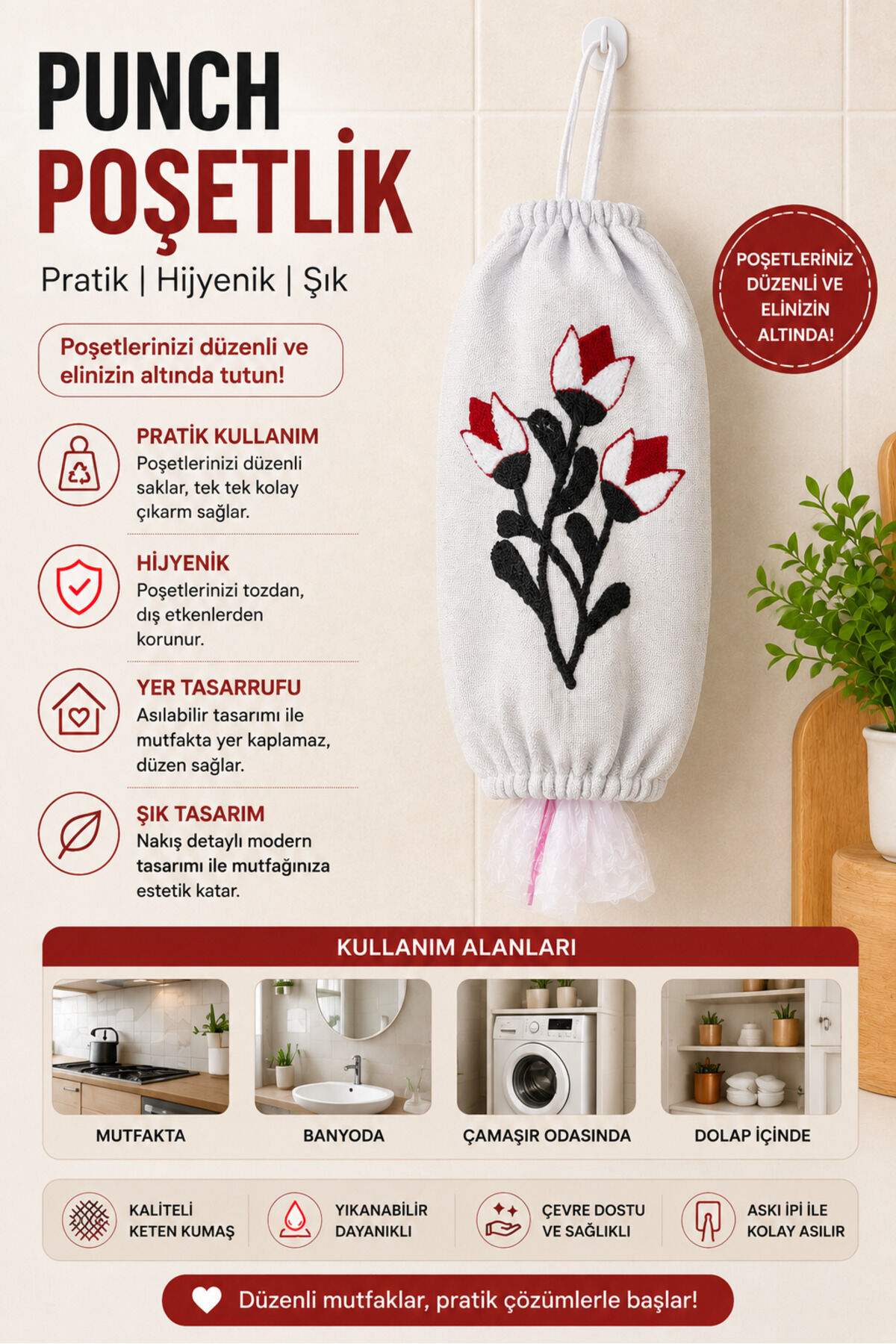 Poşetlik Punch Nakışlı Keten Askılı Mutfak Poşet Düzenleyici Organizer