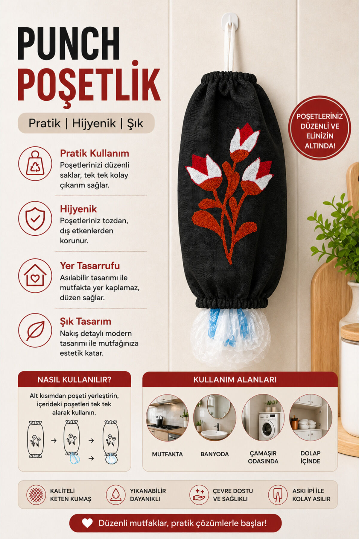 Poşetlik Punch Nakışlı Keten Askılı Mutfak Poşet Düzenleyici Organizer