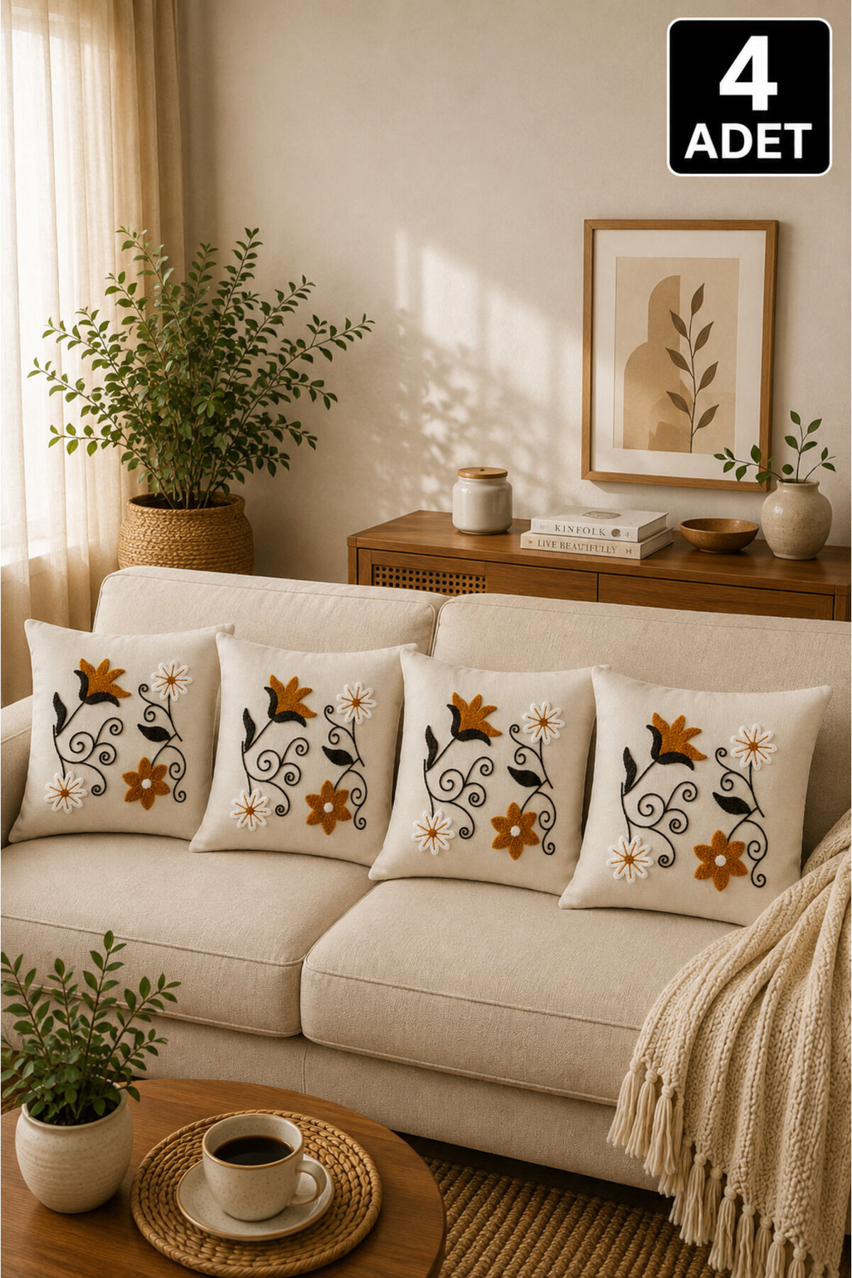 4’lü Punch Kırlent Kılıfı Seti – Aynı Renk ve Desen – Dekoratif Keten Kırlent 43x43 cm