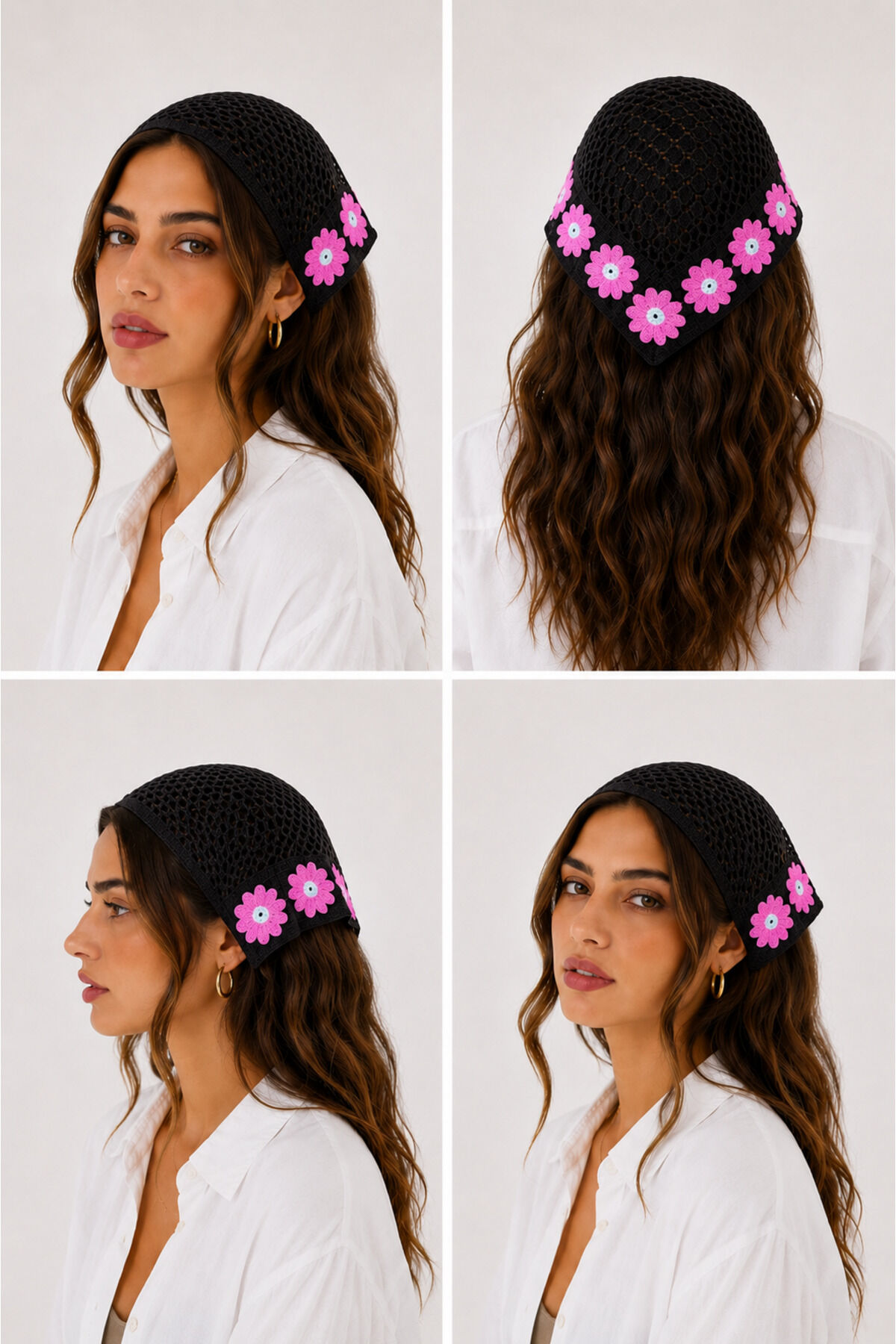 Kadın Örgü Bandana Çiçek Motifli Yazlık Bohem Saç Bandanası