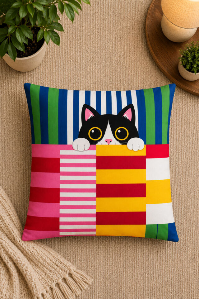 Dijital Baskılı Dekoratif Kırlent Kılıfı 43x43 cm – Modern Desenli Keten Dokulu