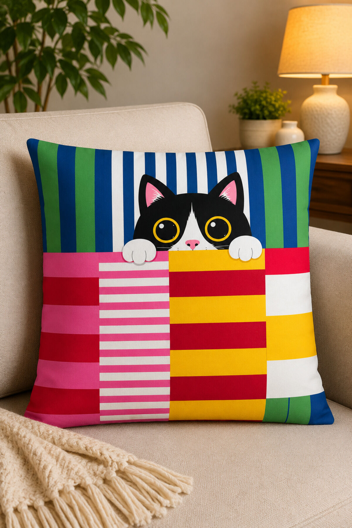 Dijital Baskılı Dekoratif Kırlent Kılıfı 43x43 cm – Modern Desenli Keten Dokulu